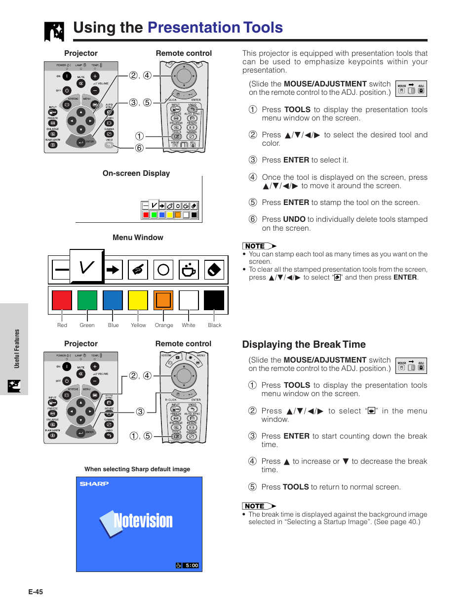Using the presentation tools, Displaying the break time | Sharp XG-C40XU User Manual | Page 46 / 63