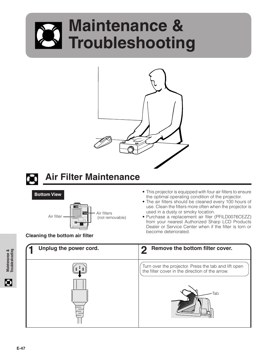 Maintenance & troubleshooting, Air filter maintenance | Sharp XG-C40XU User Manual | Page 48 / 63