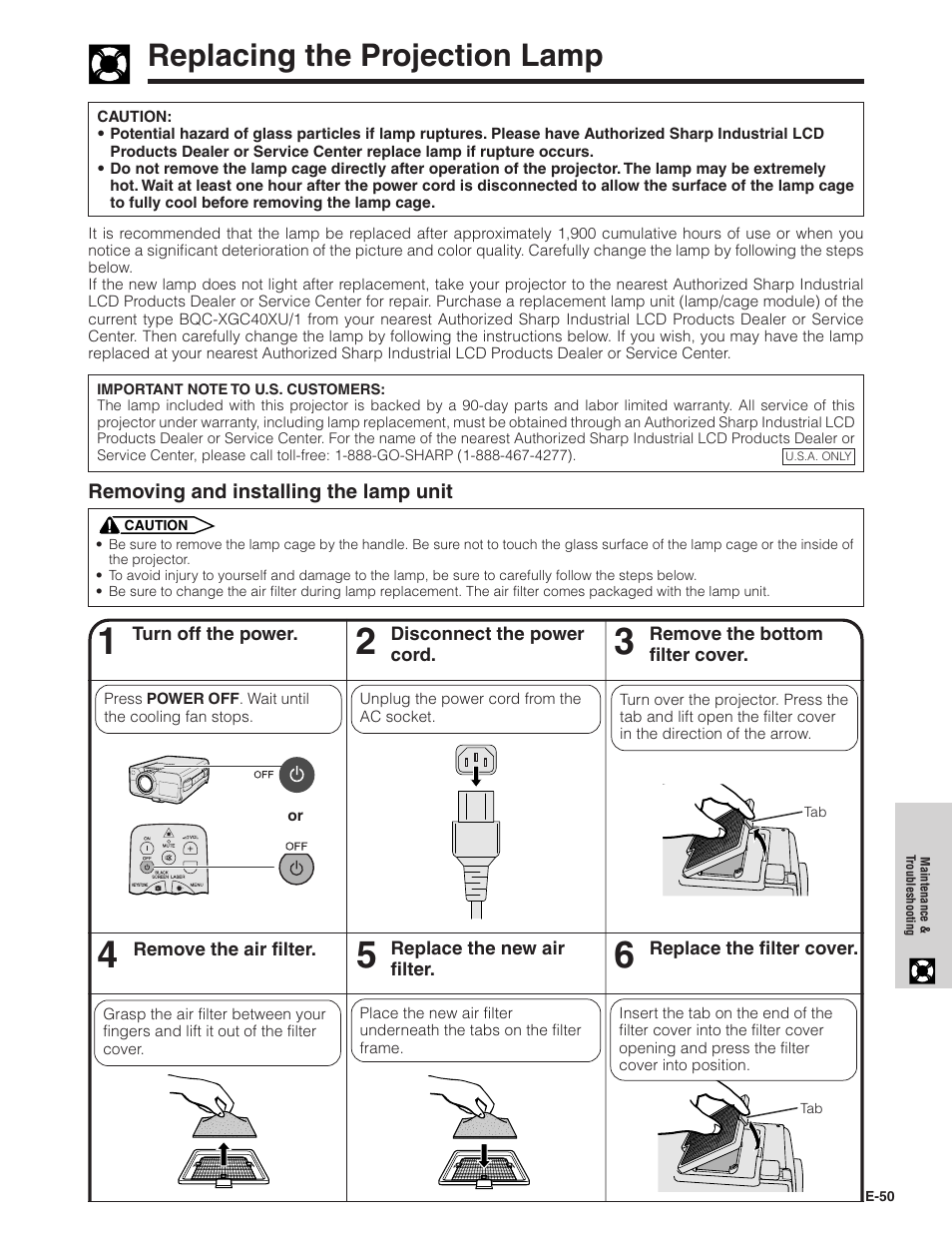 Replacing the projection lamp | Sharp XG-C40XU User Manual | Page 51 / 63