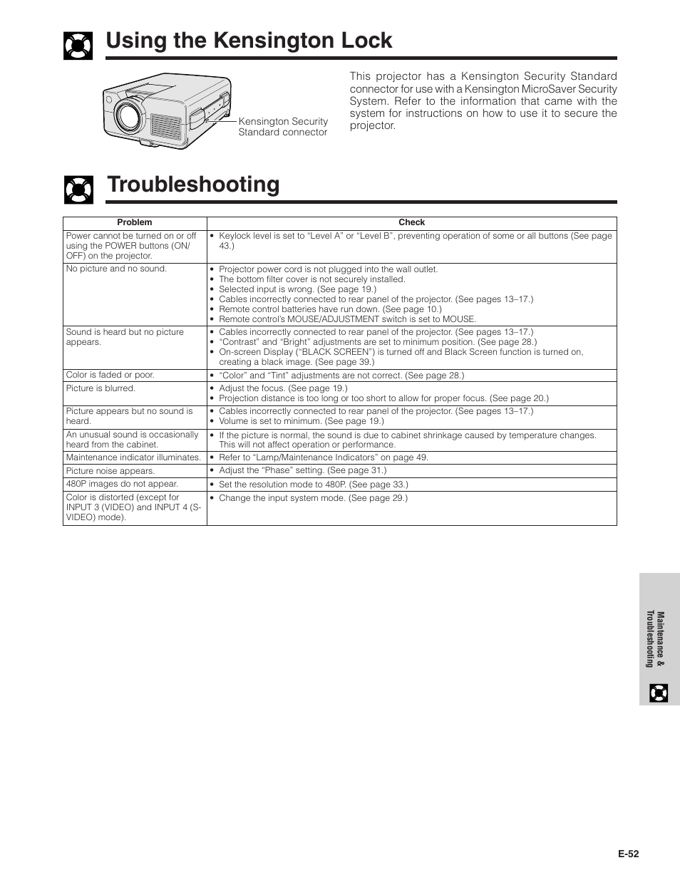 Using the kensington lock, Troubleshooting | Sharp XG-C40XU User Manual | Page 53 / 63