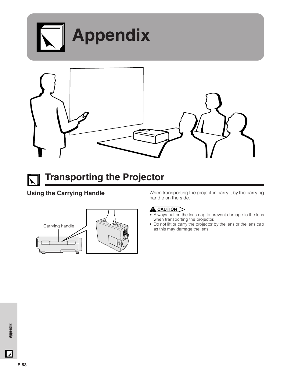 Appendix, Transporting the projector | Sharp XG-C40XU User Manual | Page 54 / 63