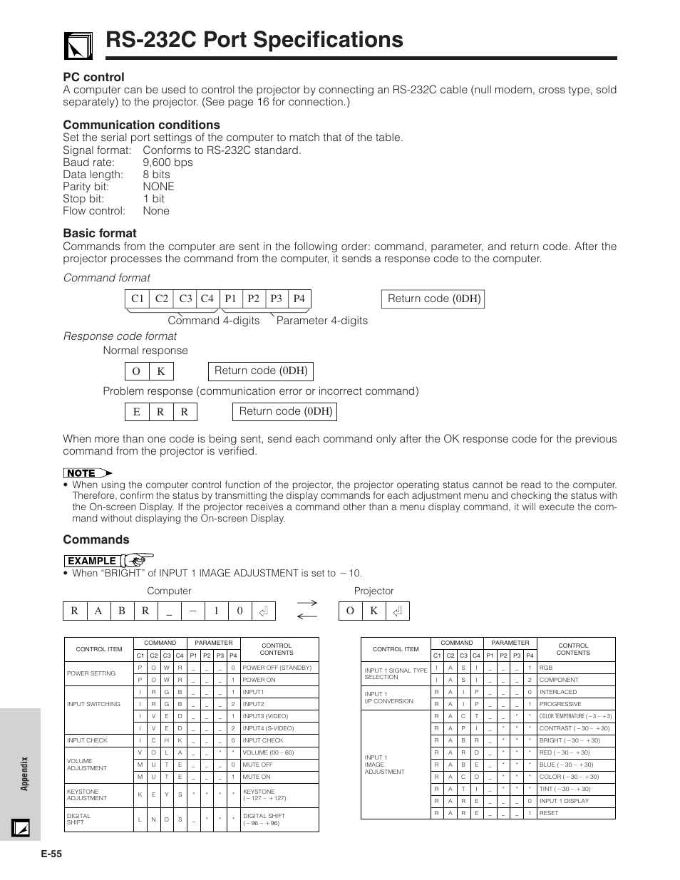 Rs-232c port specifications, Pc control, Communication conditions | Basic format, Commands, E-55, Projector computer, Example | Sharp XG-C40XU User Manual | Page 56 / 63