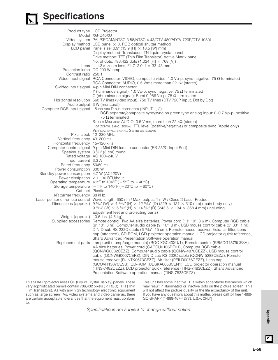 Specifications | Sharp XG-C40XU User Manual | Page 59 / 63