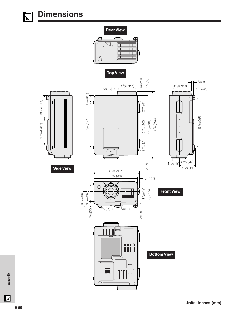 Dimensions, Rear view, E-59 | Sharp XG-C40XU User Manual | Page 60 / 63
