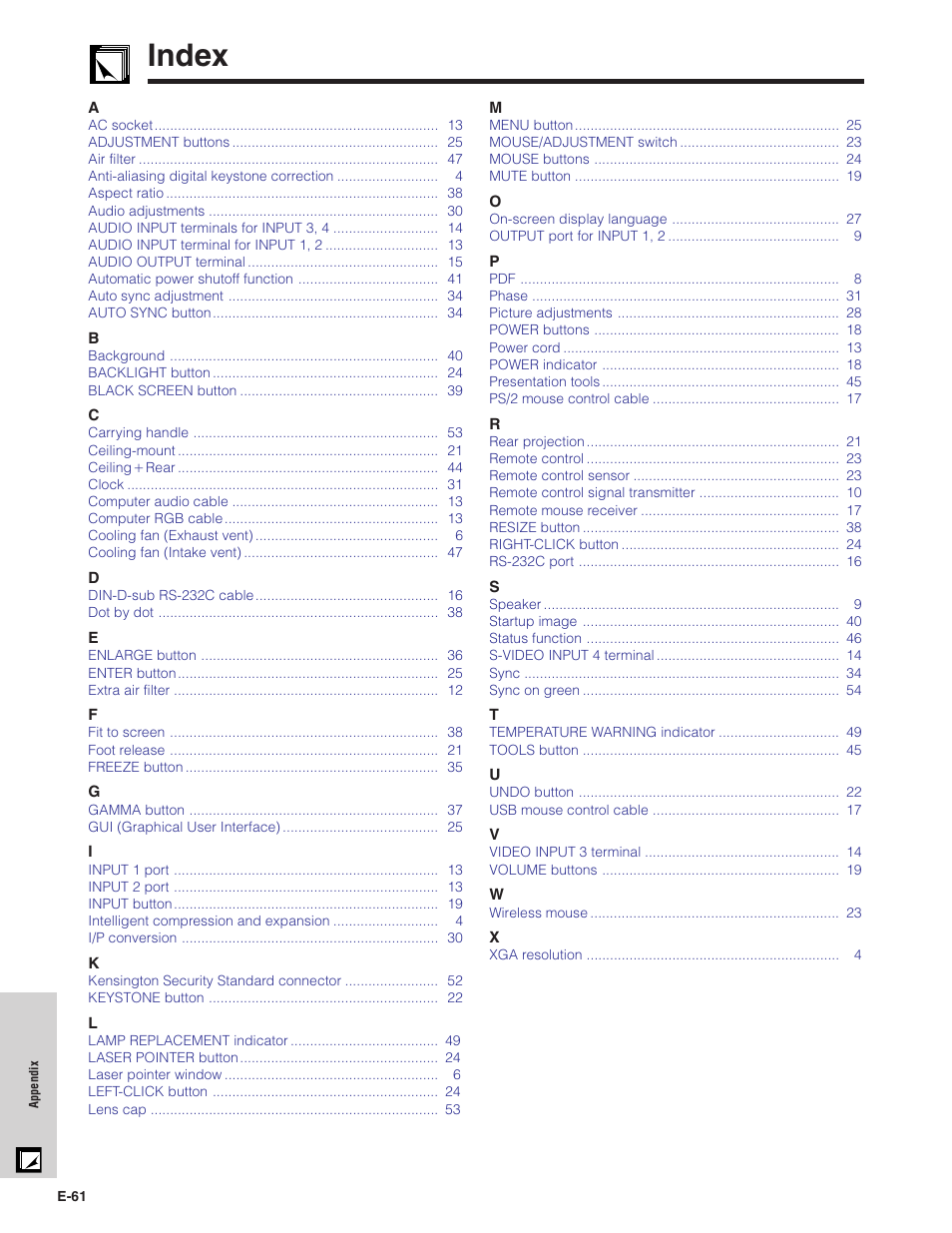 Index | Sharp XG-C40XU User Manual | Page 62 / 63