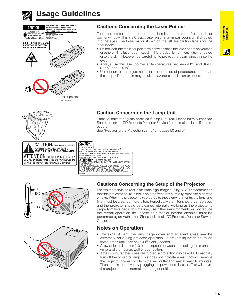 Usage guidelines, Cautions concerning the laser pointer, Caution concerning the lamp unit | Caution, Attention, Cautions concerning the setup of the projector | Sharp XG-C40XU User Manual | Page 7 / 63