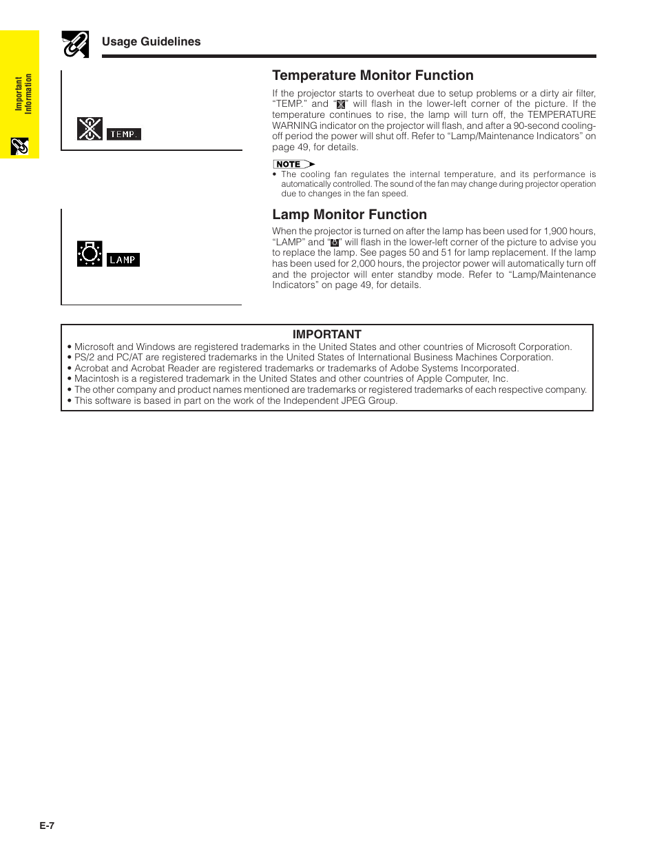 Temperature monitor function, Lamp monitor function | Sharp XG-C40XU User Manual | Page 8 / 63