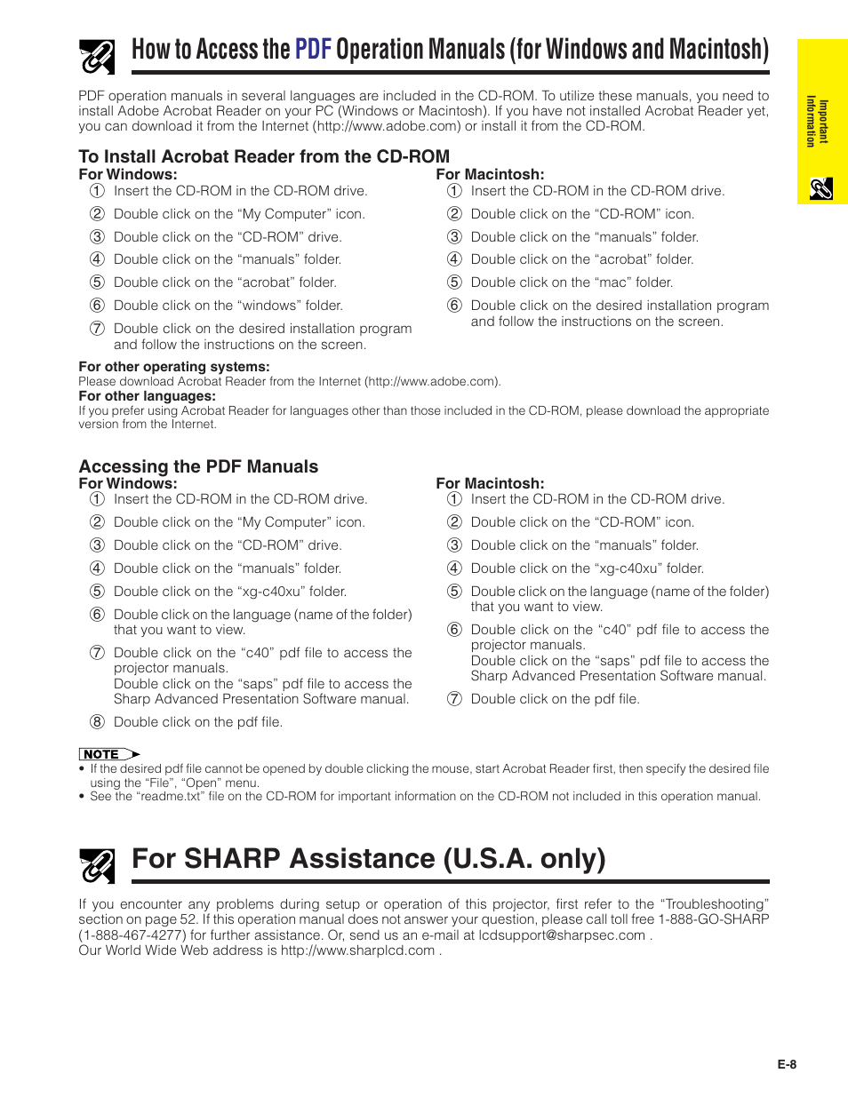 For sharp assistance (u.s.a. only), How to access the pdf operation manuals, For windows and macintosh) | Accessing the pdf manuals | Sharp XG-C40XU User Manual | Page 9 / 63