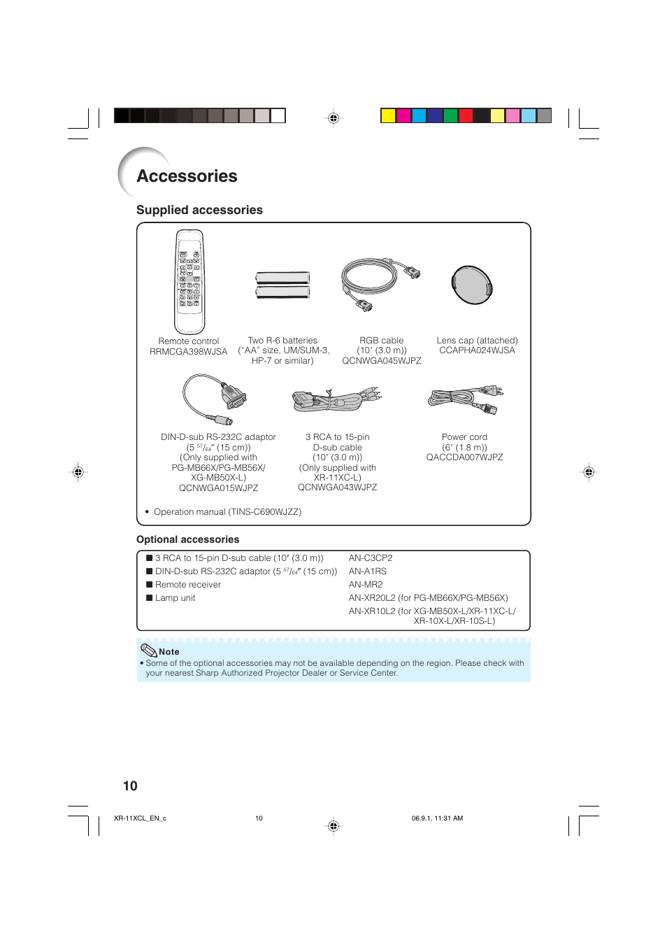 Accessories, Supplied accessories | Sharp XR-10S-L  EN User Manual | Page 12 / 70