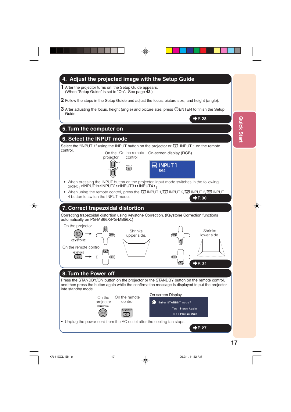 Adjust the projected image with the setup guide, Select the input mode, Correct trapezoidal distortion | Turn the computer on 8. turn the power off | Sharp XR-10S-L  EN User Manual | Page 19 / 70