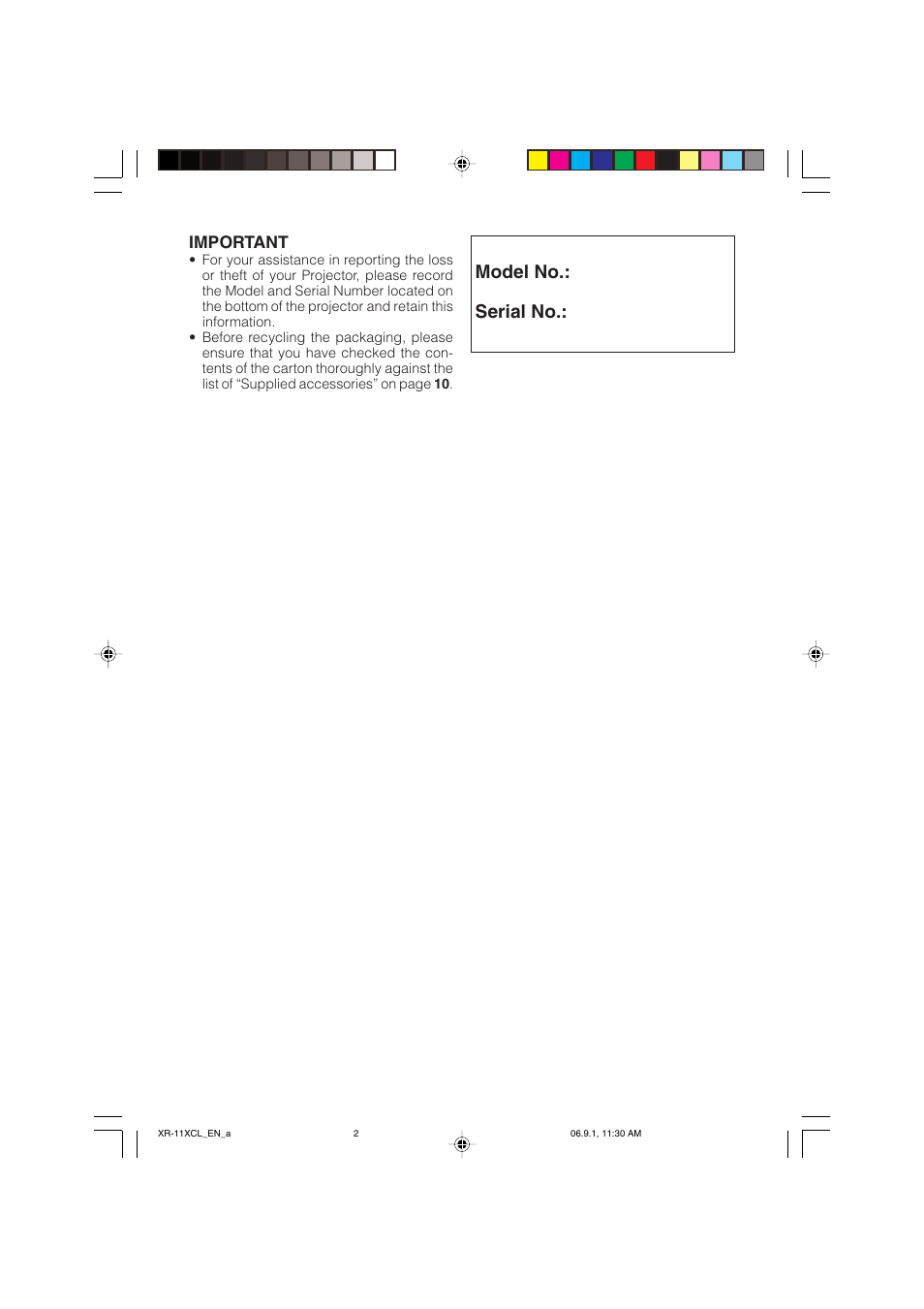 Model no.: serial no | Sharp XR-10S-L  EN User Manual | Page 2 / 70