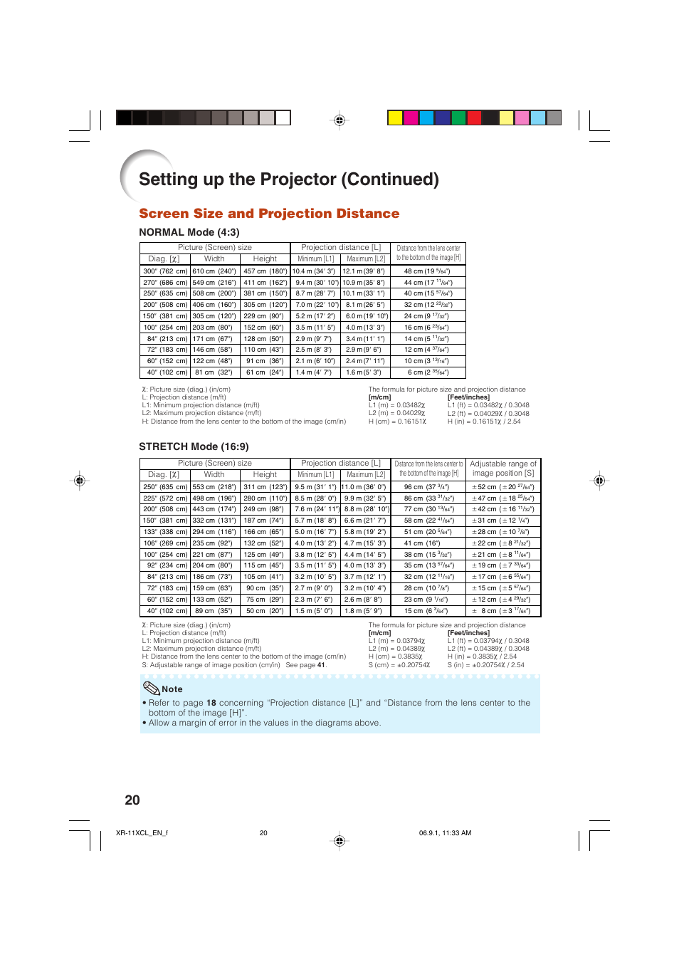 Screen size and projection distance, Setting up the projector (continued), Normal mode (4:3) | Stretch mode (16:9) | Sharp XR-10S-L  EN User Manual | Page 22 / 70