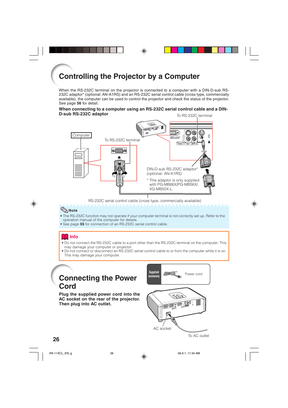 Controlling the projector by a computer, Connecting the power cord | Sharp XR-10S-L  EN User Manual | Page 28 / 70