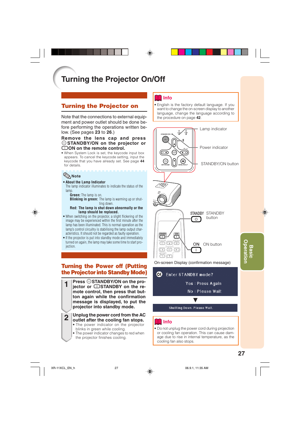 Basic operation, Turning the projector on/off, Turning the projector on | Sharp XR-10S-L  EN User Manual | Page 29 / 70