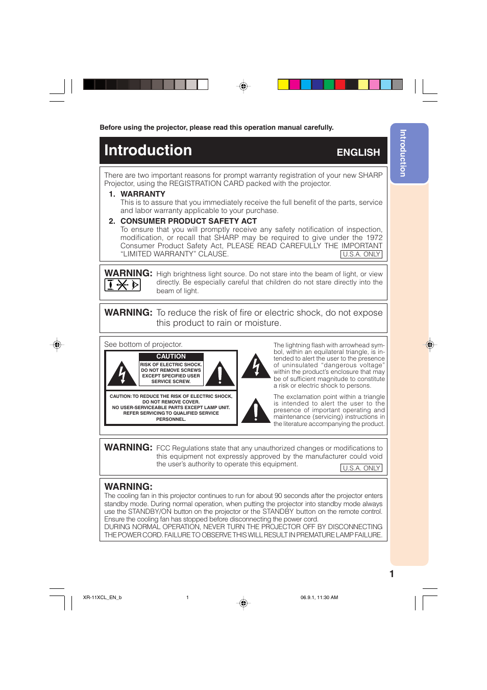 Introduction, English, Warning | Sharp XR-10S-L  EN User Manual | Page 3 / 70