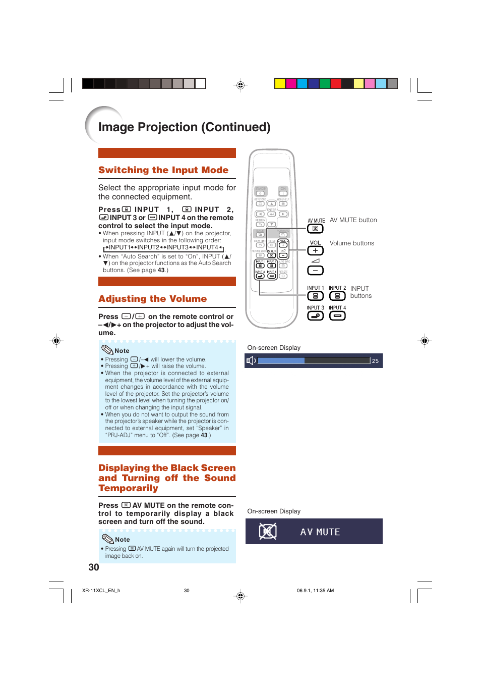 Switching the input mode, Adjusting the volume, Image projection (continued) | Sharp XR-10S-L  EN User Manual | Page 32 / 70