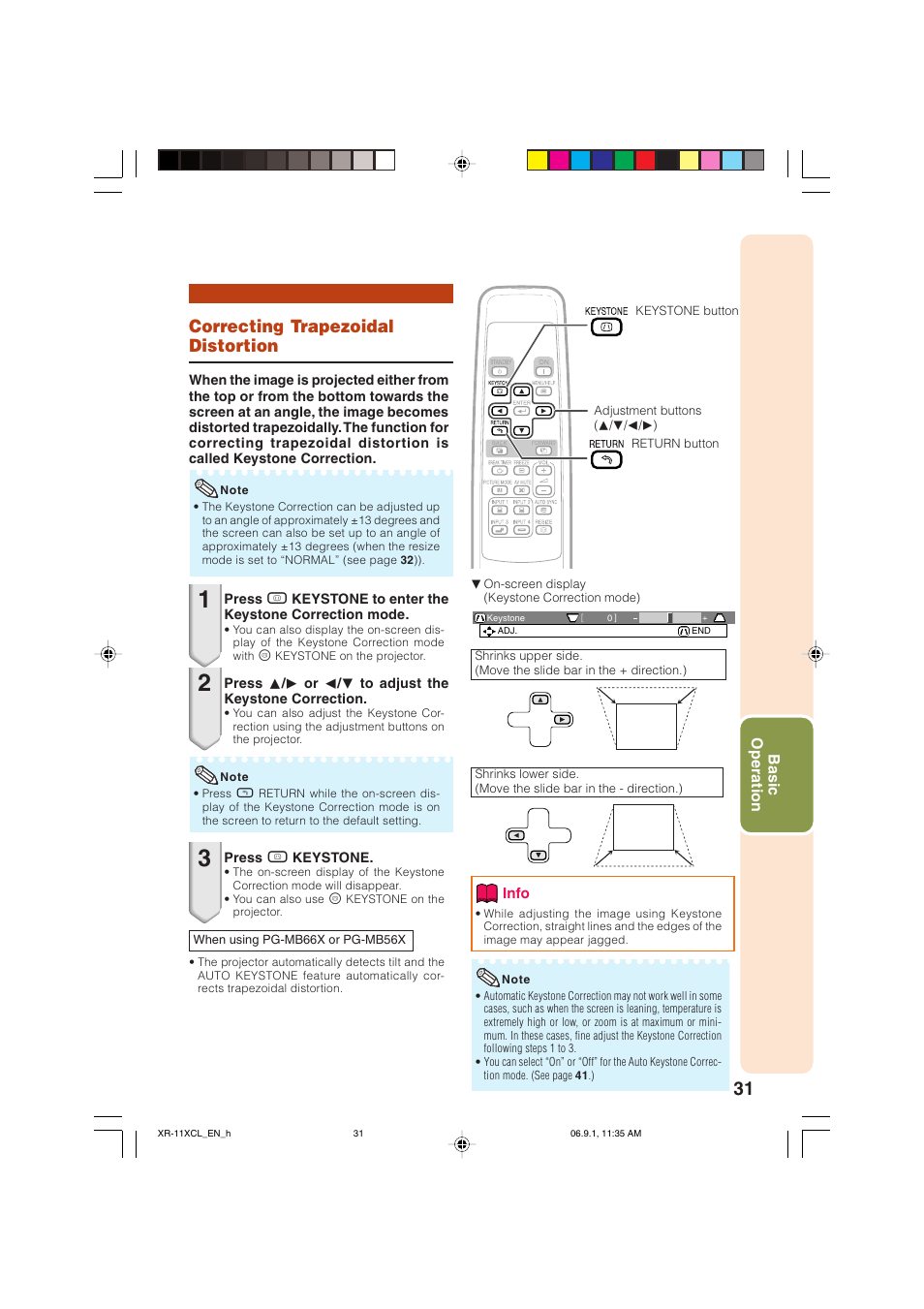 Correcting trapezoidal distortion | Sharp XR-10S-L  EN User Manual | Page 33 / 70