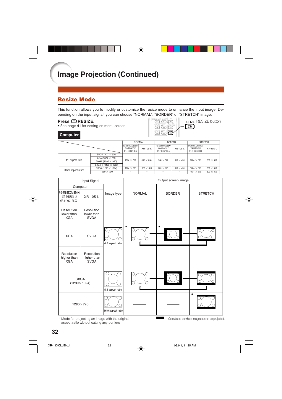 Resize mode, Image projection (continued), Press h resize | Computer | Sharp XR-10S-L  EN User Manual | Page 34 / 70