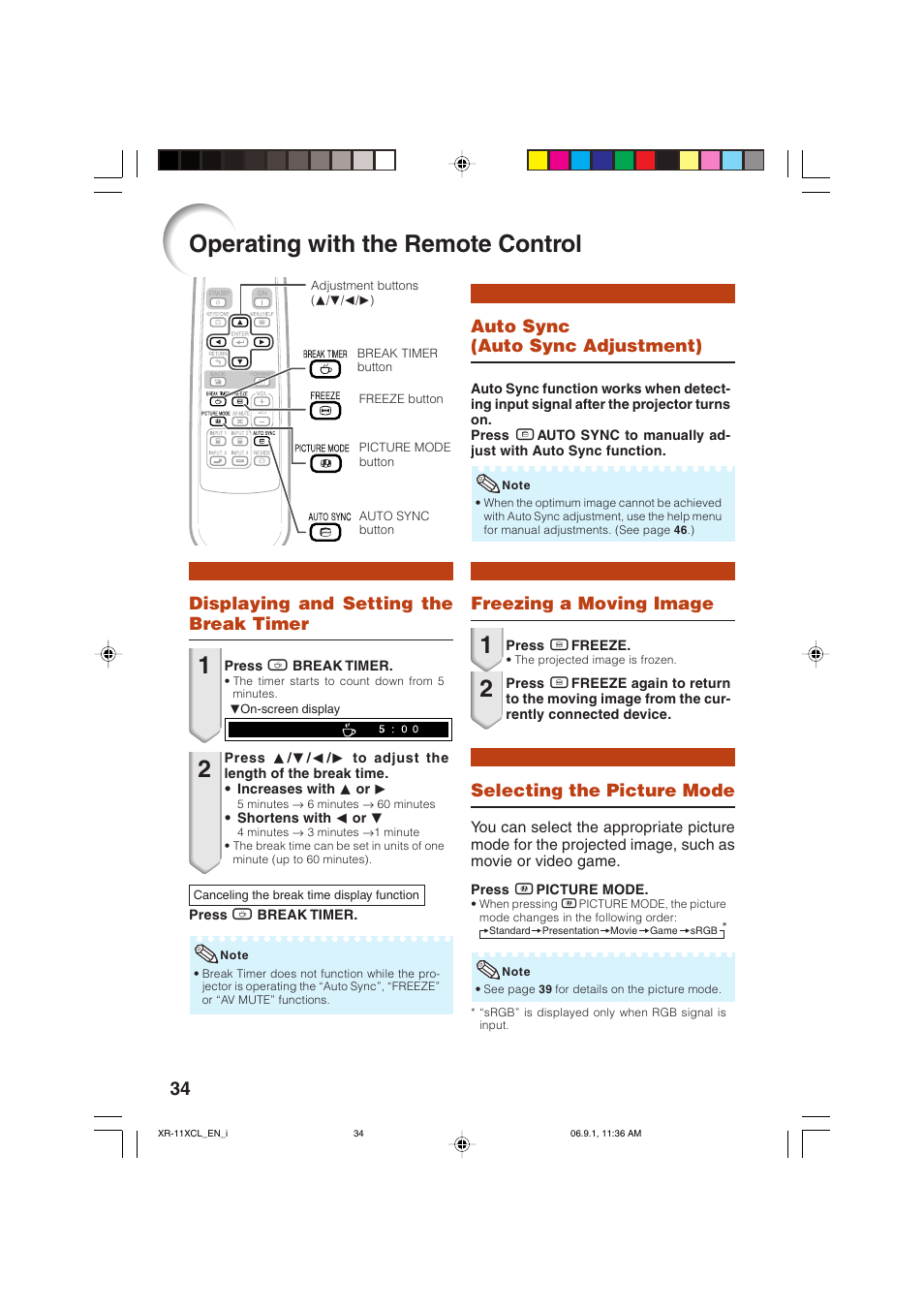 Useful features, Operating with the remote control, Displaying and setting the break timer | Auto sync (auto sync adjustment), Freezing a moving image, Selecting the picture mode | Sharp XR-10S-L  EN User Manual | Page 36 / 70