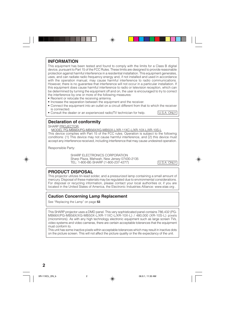 Information, Declaration of conformity, Product disposal | Caution concerning lamp replacement | Sharp XR-10S-L  EN User Manual | Page 4 / 70