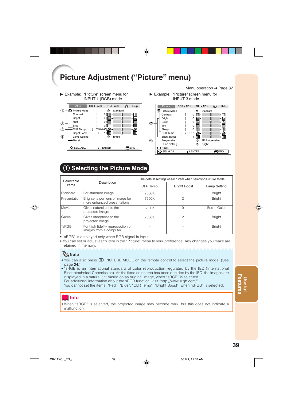 Picture adjustment (“picture" menu), Selecting the picture mode, Picture adjustment (“picture” menu) | 11 selecting the picture mode, Useful features, Info | Sharp XR-10S-L  EN User Manual | Page 41 / 70