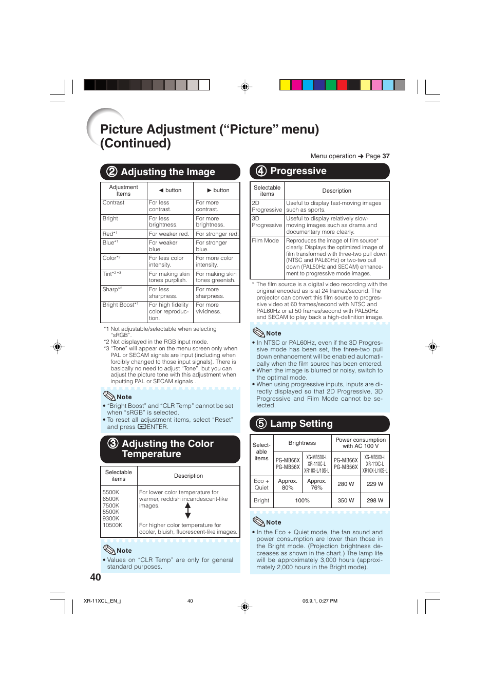 Adjusting the image, Adjusting the color temperature, Progressive | Lamp setting, Picture adjustment (“picture” menu) (continued), 55 lamp setting, 22 adjusting the image, 33 adjusting the color temperature | Sharp XR-10S-L  EN User Manual | Page 42 / 70