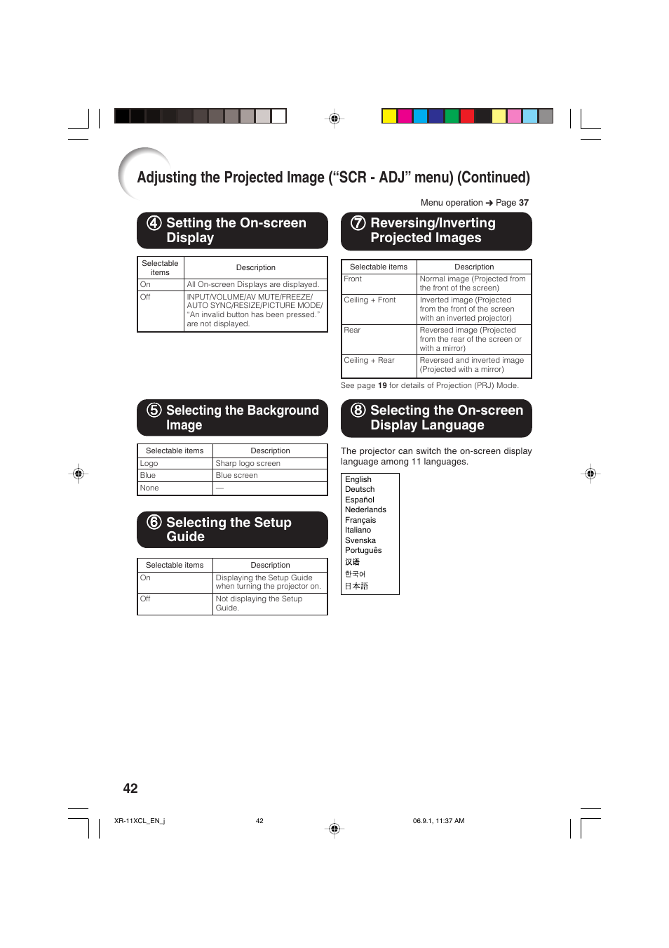 Setting the on-screen display, Selecting the background image, Selecting the setup guide | Reversing/inverting projected images, Selecting the on-screen display language, 77 reversing/inverting projected images, 44 setting the on-screen display, 55 selecting the background image | Sharp XR-10S-L  EN User Manual | Page 44 / 70