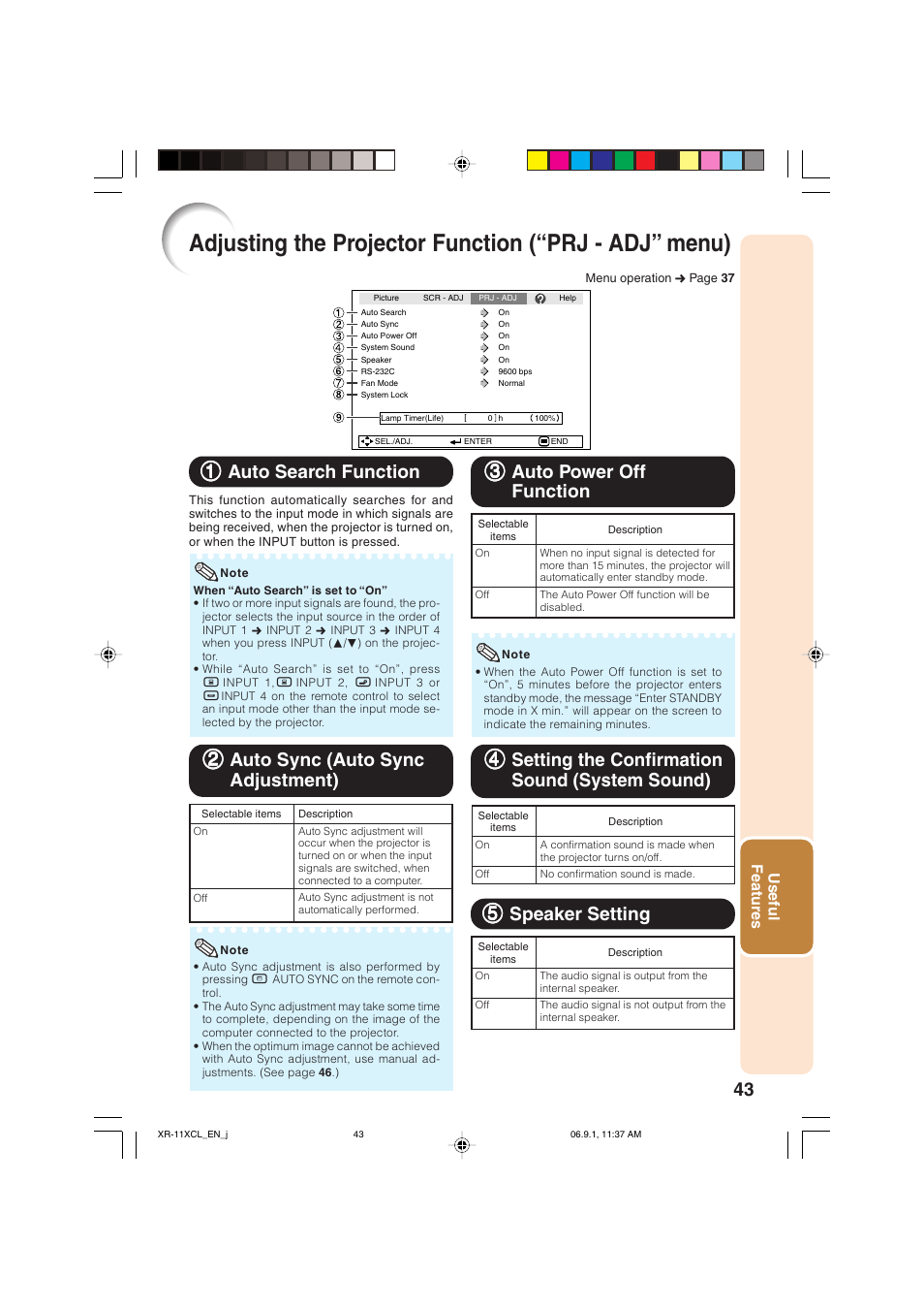 Auto search function, Auto sync (auto sync adjustment), Auto power off function | Setting the confirmation sound (system sound), Speaker setting, 11 auto search function, 22 auto sync (auto sync adjustment), 44 setting the confirmation sound (system sound) | Sharp XR-10S-L EN User Manual | Page 45 / 70