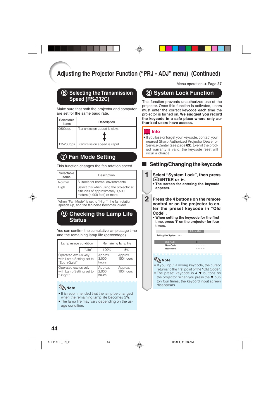 Selecting the transmission speed (rs-232c), Fan mode setting, Checking the lamp life status | System lock function, 88 system lock function, 77 fan mode setting, 99 checking the lamp life status, A setting/changing the keycode | Sharp XR-10S-L  EN User Manual | Page 46 / 70
