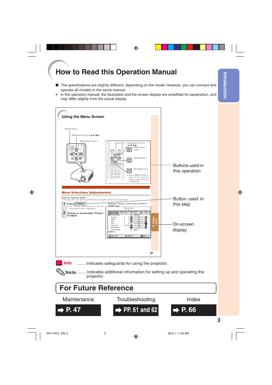 How to read this operation manual, For future reference, Index maintenance troubleshooting | Intr oduction, Info, Indicates safeguards for using the projector | Sharp XR-10S-L  EN User Manual | Page 5 / 70