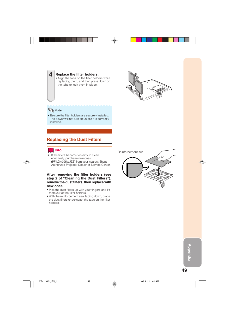 Replacing the dust filters | Sharp XR-10S-L  EN User Manual | Page 51 / 70