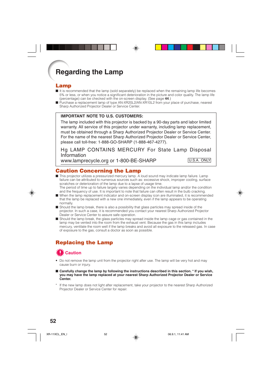 Regarding the lamp, Lamp, Caution concerning the lamp | Replacing the lamp | Sharp XR-10S-L  EN User Manual | Page 54 / 70