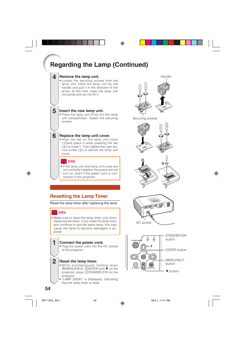 Resetting the lamp timer, Regarding the lamp (continued) | Sharp XR-10S-L  EN User Manual | Page 56 / 70