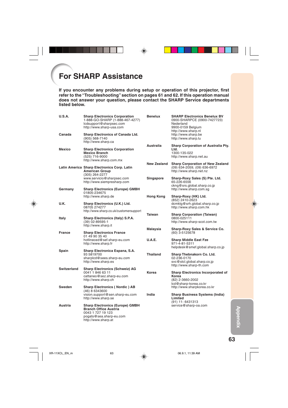 For sharp assistance, Appendix | Sharp XR-10S-L  EN User Manual | Page 65 / 70