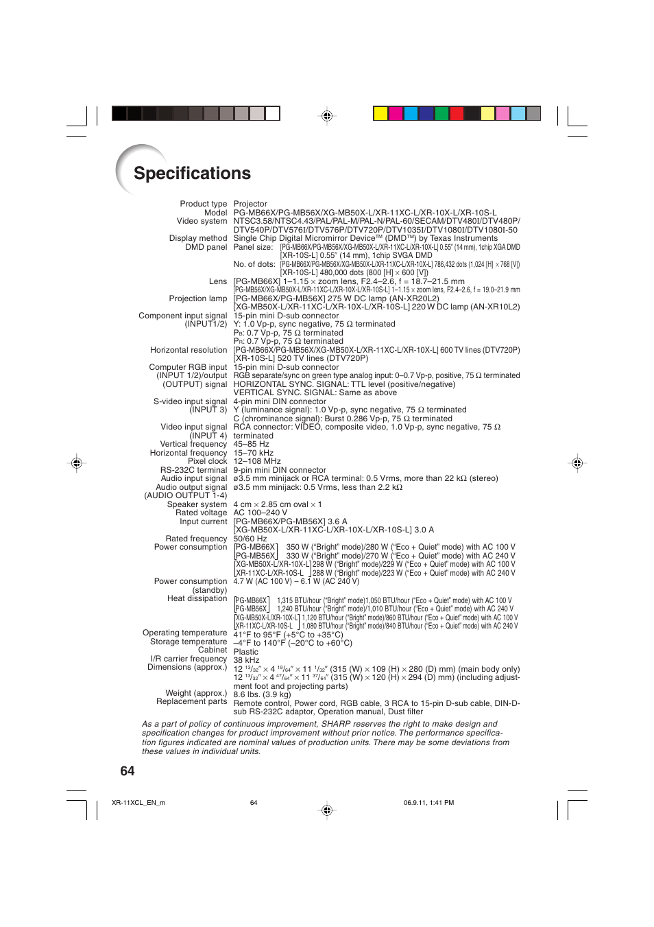 Specifications | Sharp XR-10S-L  EN User Manual | Page 66 / 70