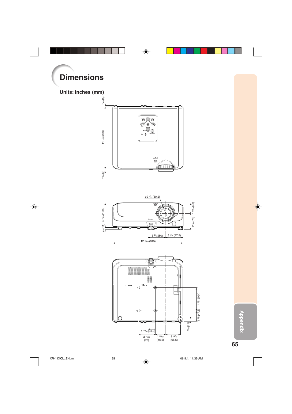 Dimensions, Appendix, Units: inches (mm) | Sharp XR-10S-L  EN User Manual | Page 67 / 70