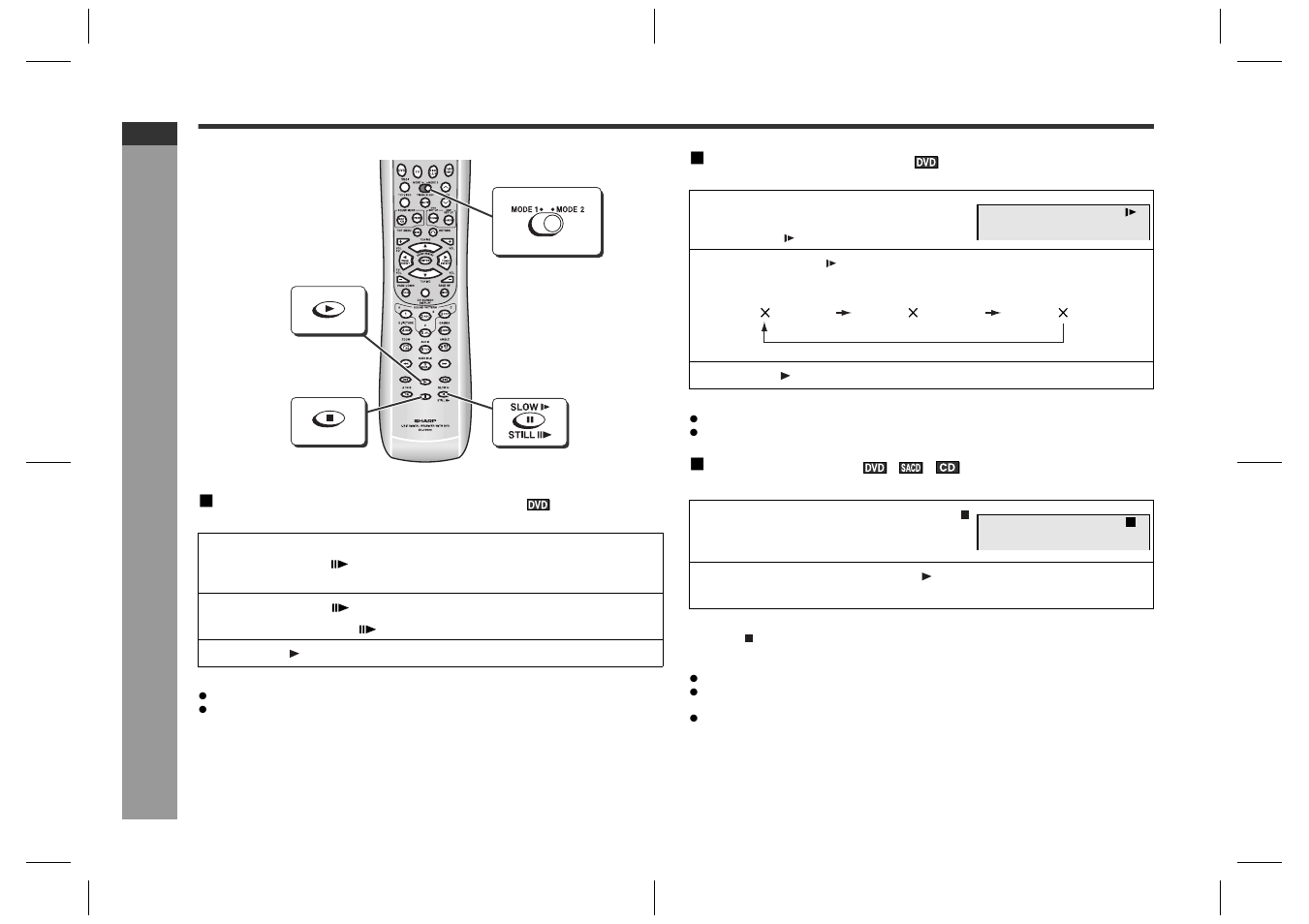 Dv d oper ation, Useful operation (continued), Still picture/frame advance | Slow-motion play, Resume play | Sharp SD-HX600 User Manual | Page 32 / 78