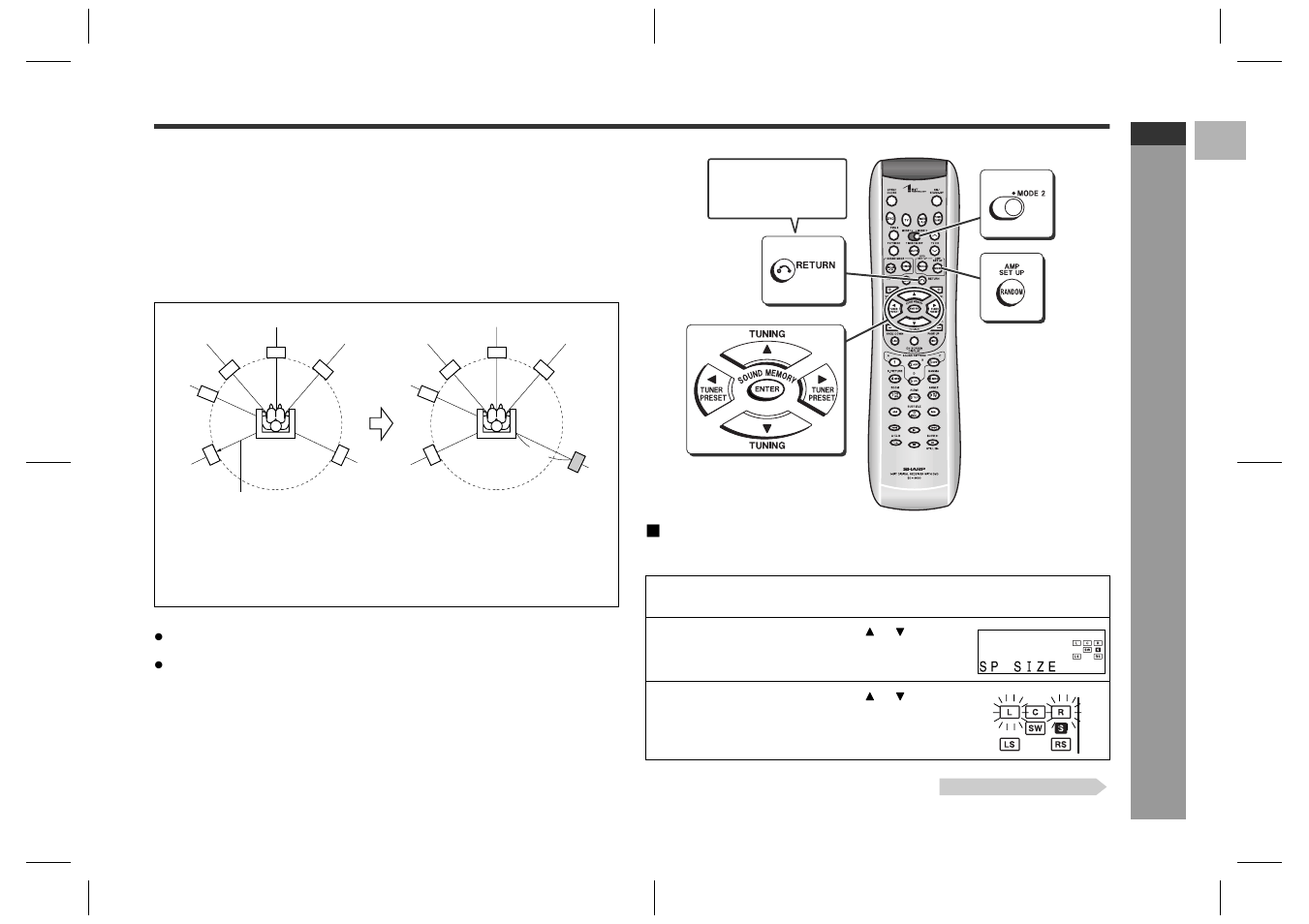 Changing the default settings of the amplifier, Ad v a nced f e atures, Speaker size setting | Sharp SD-HX600 User Manual | Page 53 / 78