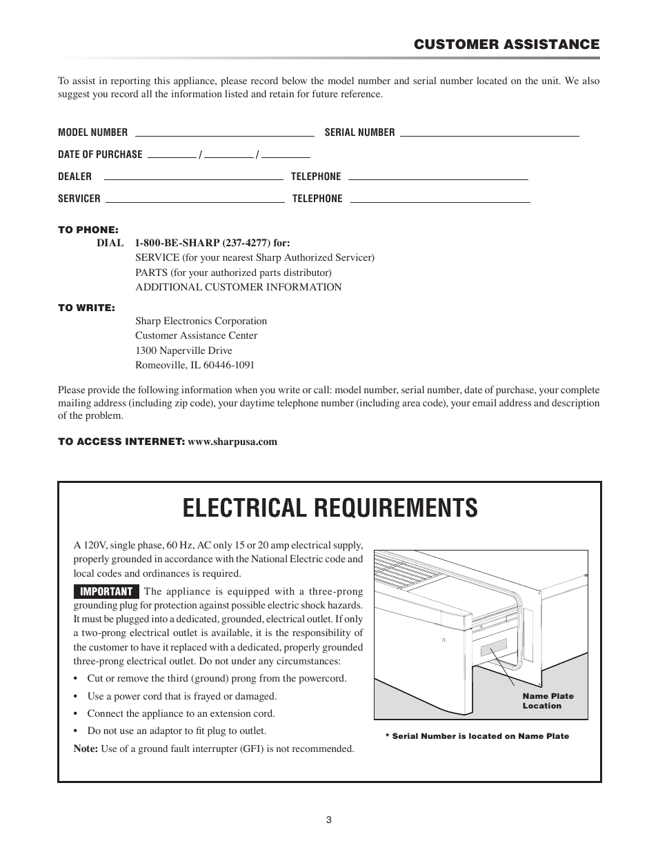 Electrical requirements, Customer assistance | Sharp TINSEB520MRK0 User Manual | Page 3 / 12