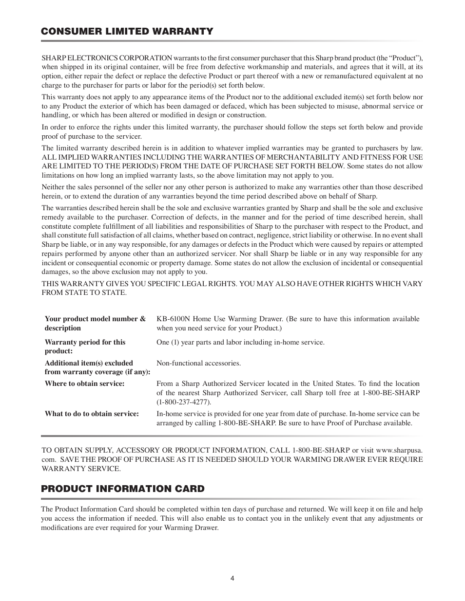 Consumer limited warranty, Product information card | Sharp TINSEB520MRK0 User Manual | Page 4 / 12