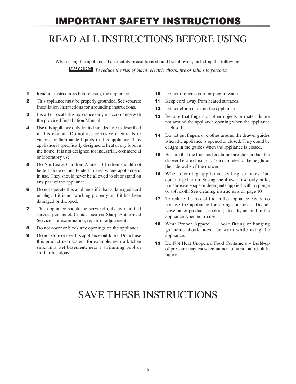 Save these instructions, Read all instructions before using, Important safety instructions | Sharp TINSEB520MRK0 User Manual | Page 5 / 12