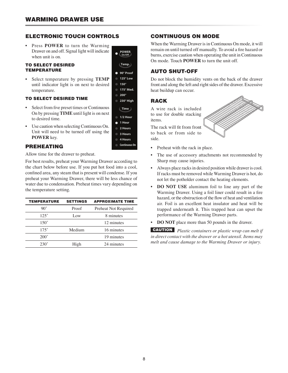 Warming drawer use | Sharp TINSEB520MRK0 User Manual | Page 8 / 12