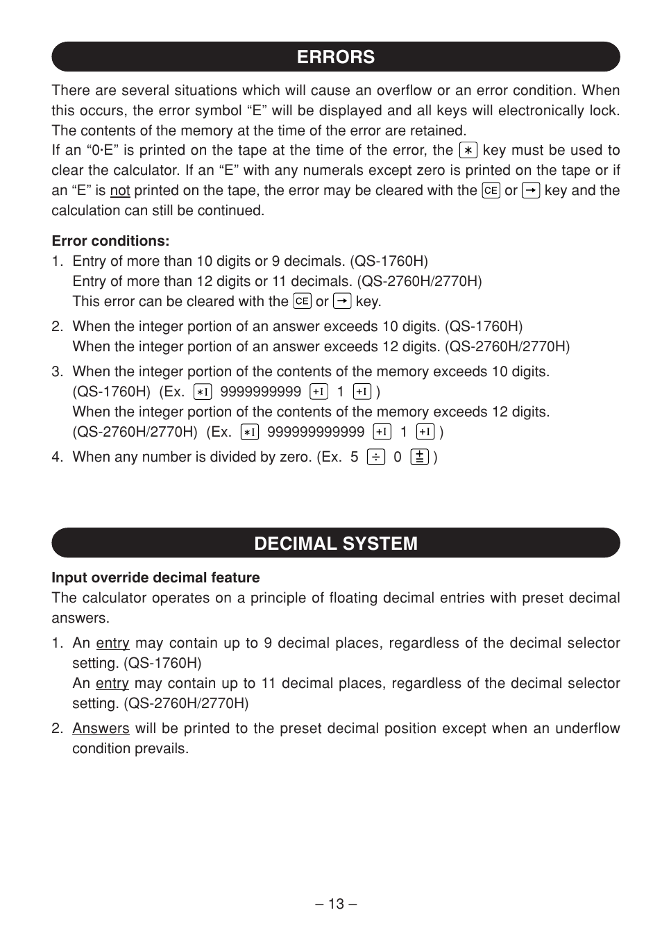 Errors, Decimal system | Sharp QS-2770H User Manual | Page 15 / 56