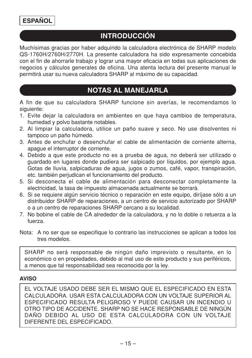 Introducción notas al manejarla | Sharp QS-2770H User Manual | Page 17 / 56