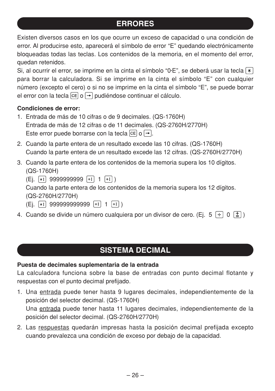 Errores sistema decimal | Sharp QS-2770H User Manual | Page 28 / 56