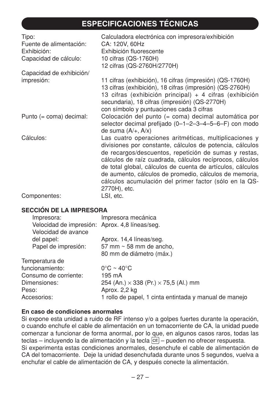 Especificaciones técnicas | Sharp QS-2770H User Manual | Page 29 / 56