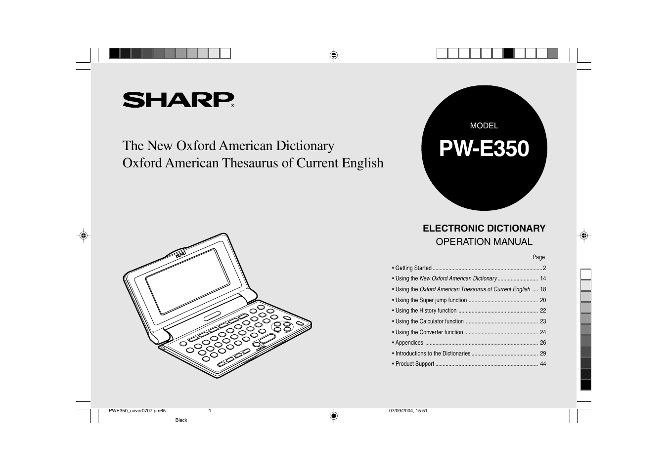 Sharp The New Oxford American Dictionary Oxford American Thesaurus of Current English ELECTRONIC DICTIONARY PW-E350 User Manual | 48 pages