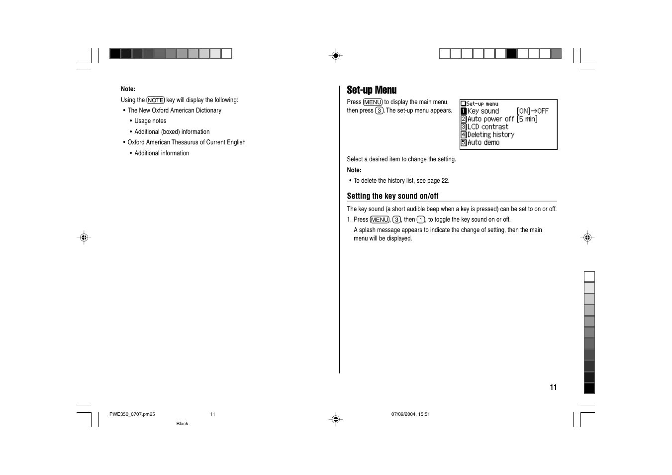 Set-up menu | Sharp The New Oxford American Dictionary Oxford American Thesaurus of Current English ELECTRONIC DICTIONARY PW-E350 User Manual | Page 13 / 48