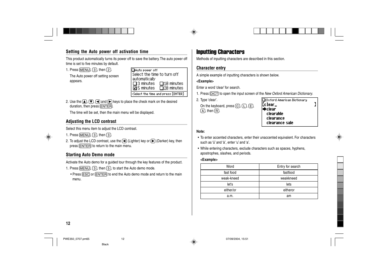 Inputting characters | Sharp The New Oxford American Dictionary Oxford American Thesaurus of Current English ELECTRONIC DICTIONARY PW-E350 User Manual | Page 14 / 48