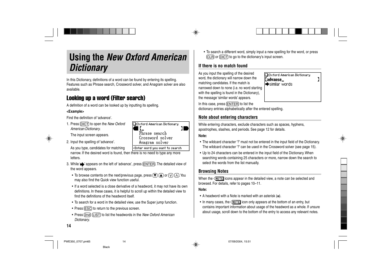 New oxford american dictionary, Using the, Looking up a word (filter search) | Sharp The New Oxford American Dictionary Oxford American Thesaurus of Current English ELECTRONIC DICTIONARY PW-E350 User Manual | Page 16 / 48